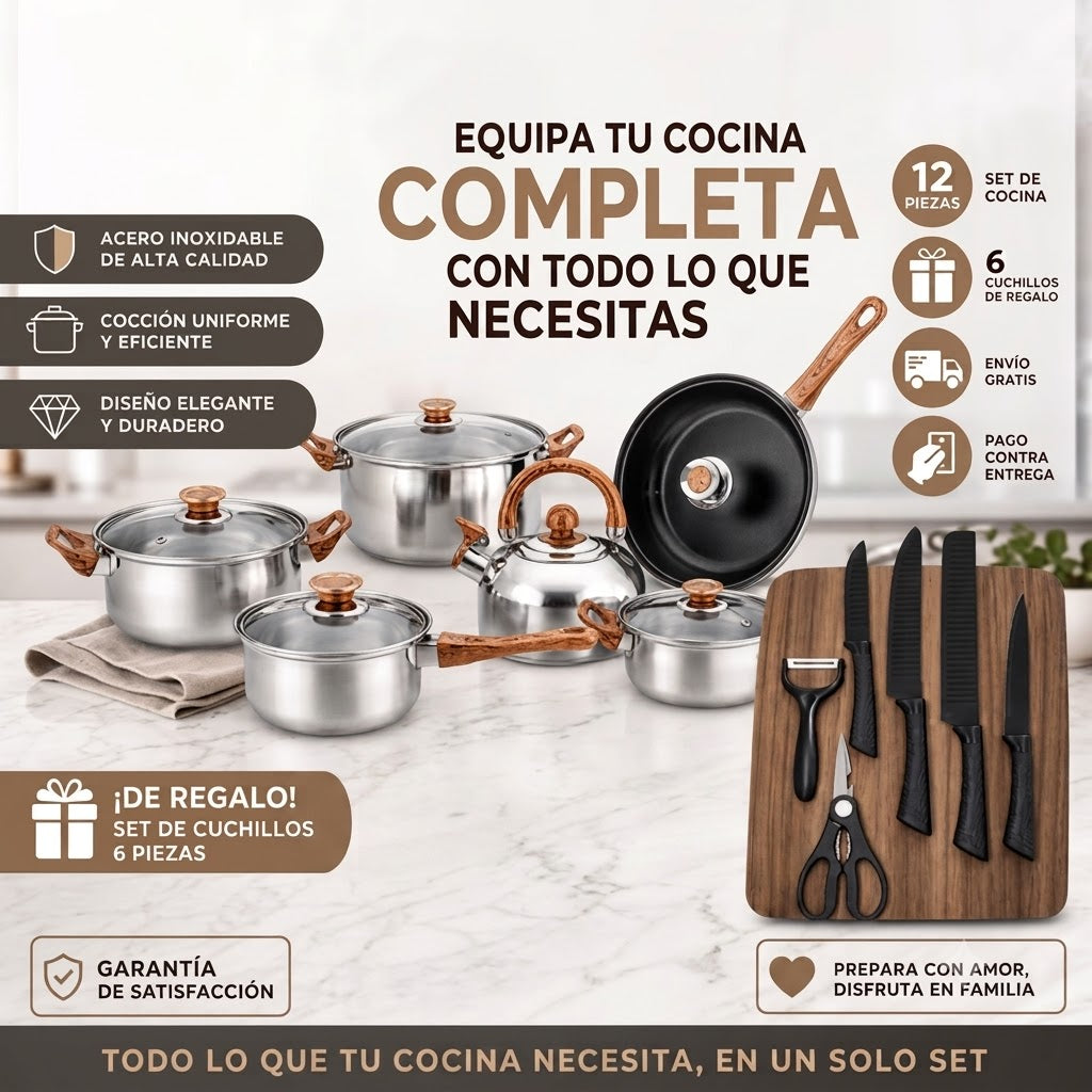 🔥 Juego De Ollas 12 Piezas Acero inoxidable. 🍲🍚 + Regalo (Set de cuchillos - 6 piezas)🔪