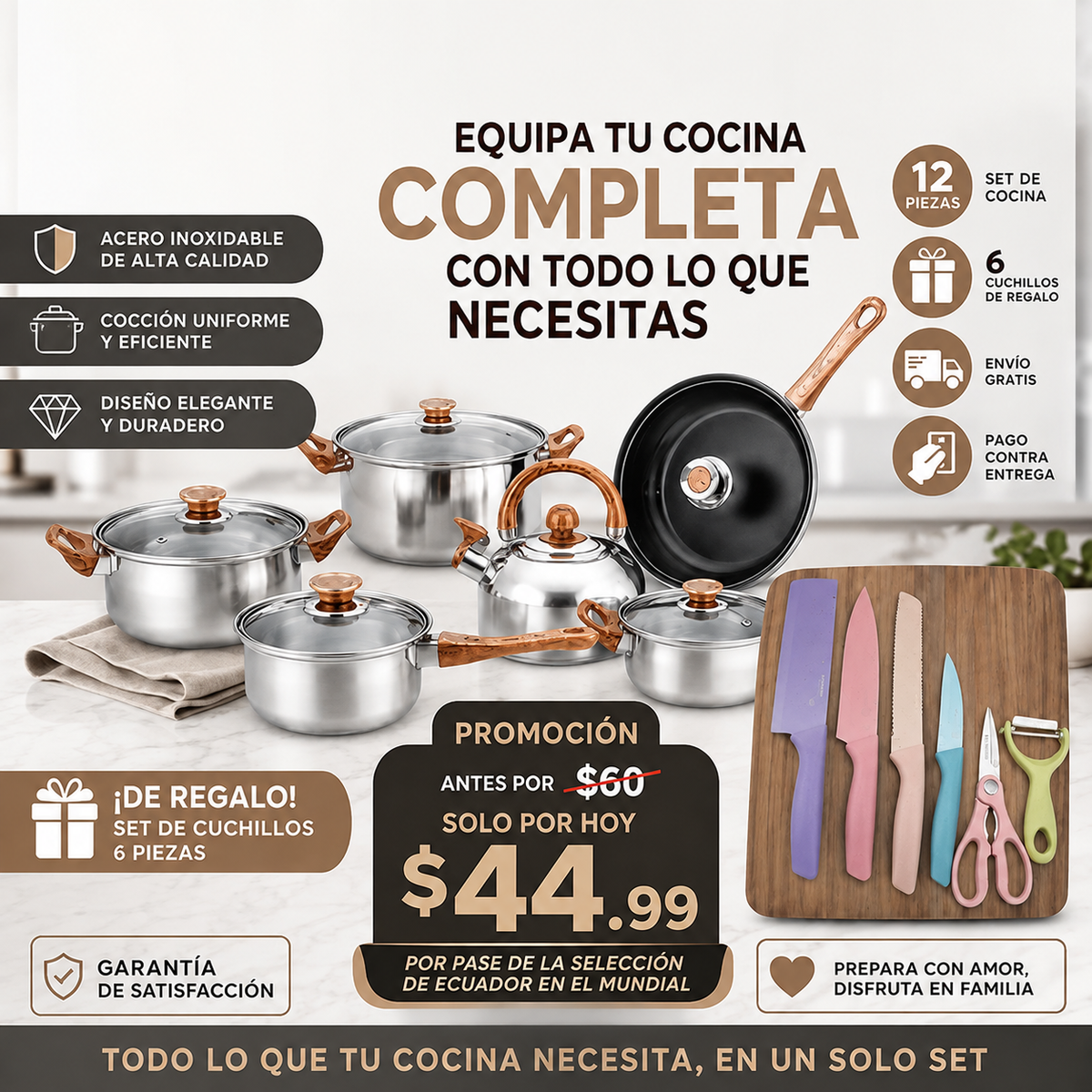 🔥 Juego De Ollas 12 Piezas Acero inoxidable. 🍲🍚 + Regalo (Set de cuchillos - 6 piezas)🔪